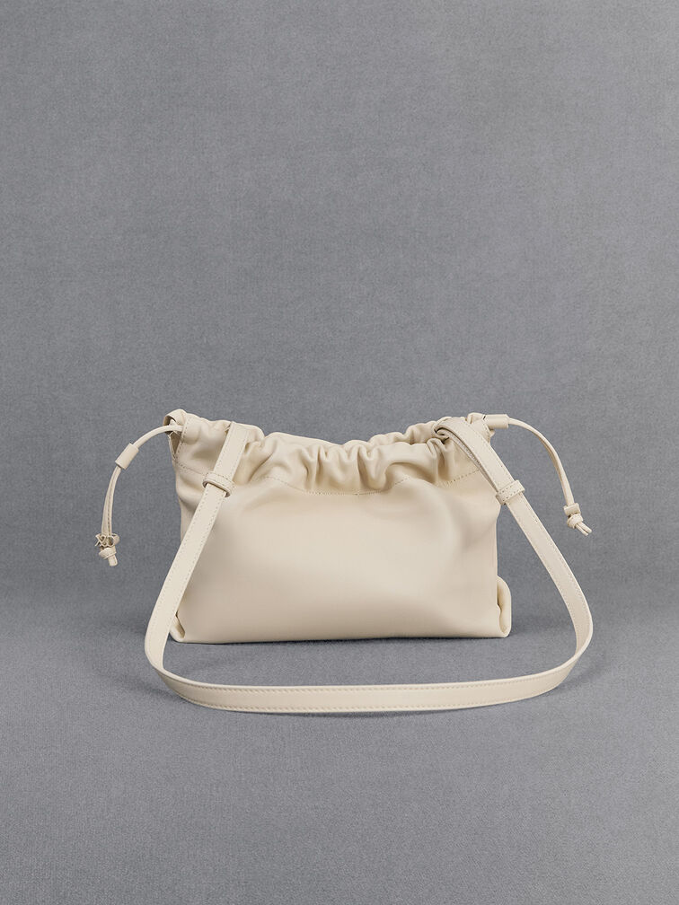 Leather Ruched Drawstring Bag, Chalk, hi-res
