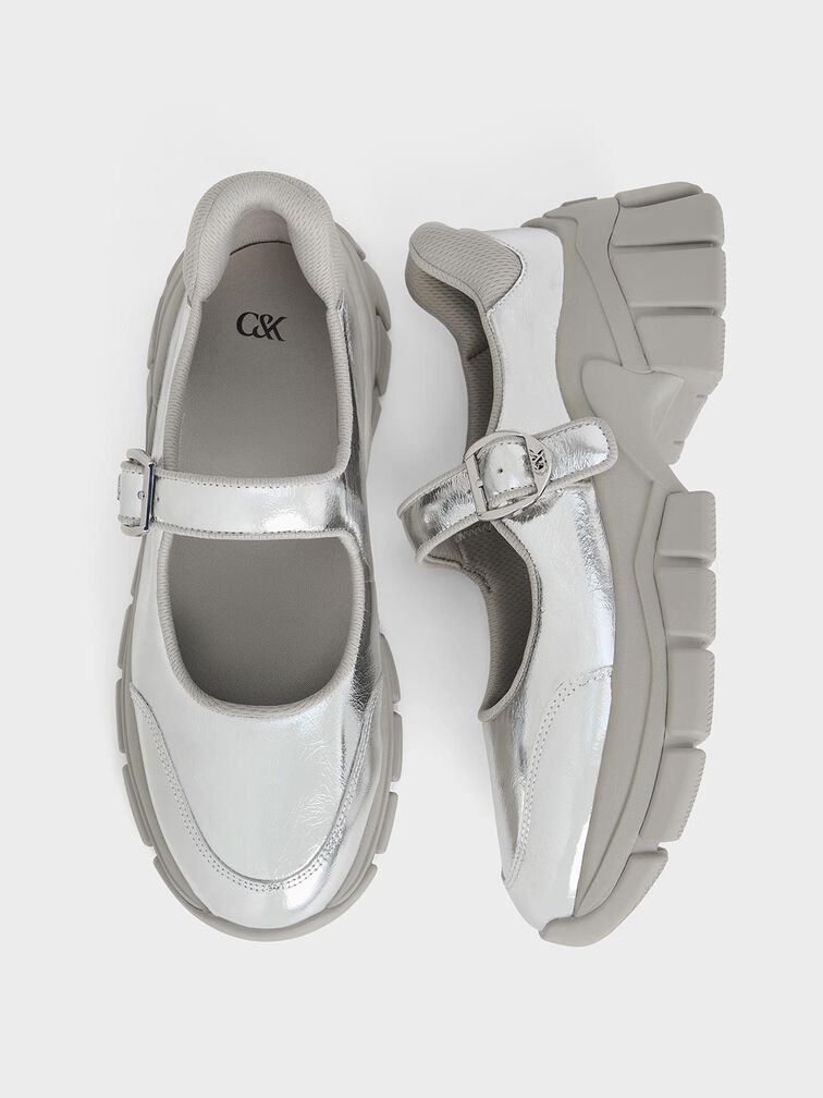 Yunna Metallic Leather & Recycled Fabric Mary Jane Sneakers, Silver, hi-res