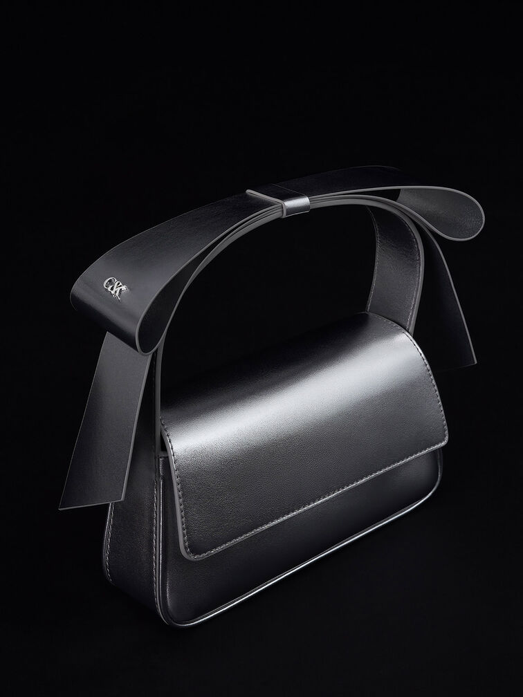 Leather Metallic Bow Top-Handle Bag, Silver, hi-res