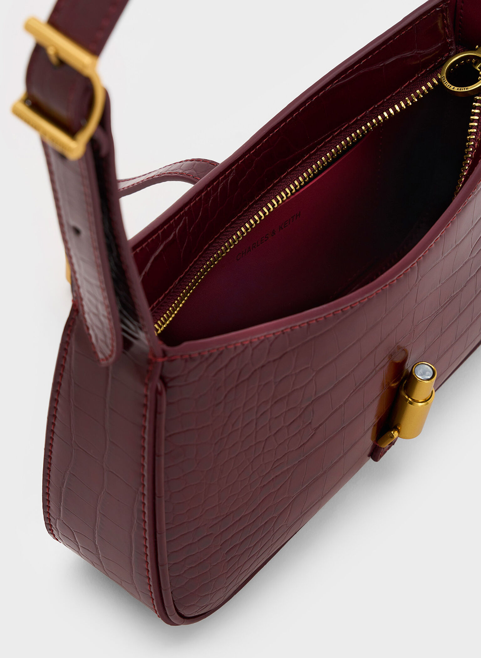 Cesia Croc-Effect Metallic-Accent Shoulder Bag, Burgundy, hi-res