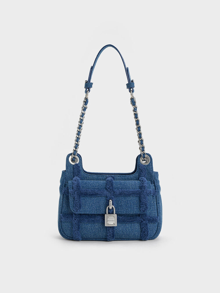 Suki Denim Padlock Shoulder Bag, Denim Blue, hi-res