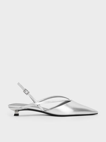 Metallic V-Strap Pointed-Toe Slingback Kitten Heels, Silver, hi-res