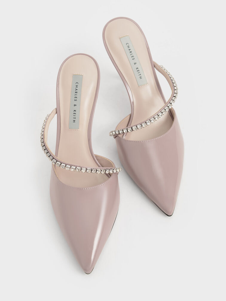Taupe Gem-Encrusted Patent Mules - CHARLES & KEITH UK