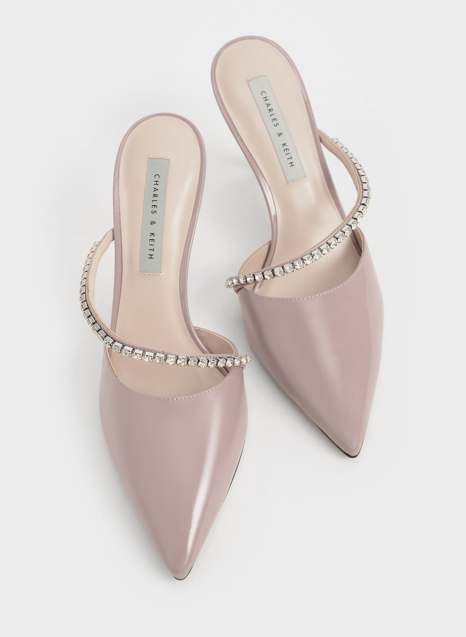 Gem-Encrusted Patent Mules, Taupe, hi-res