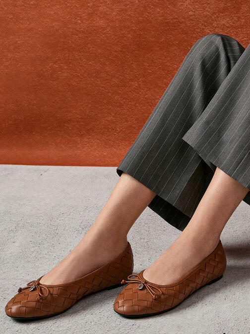 Woven Bow Ballet Flats, Brown, hi-res