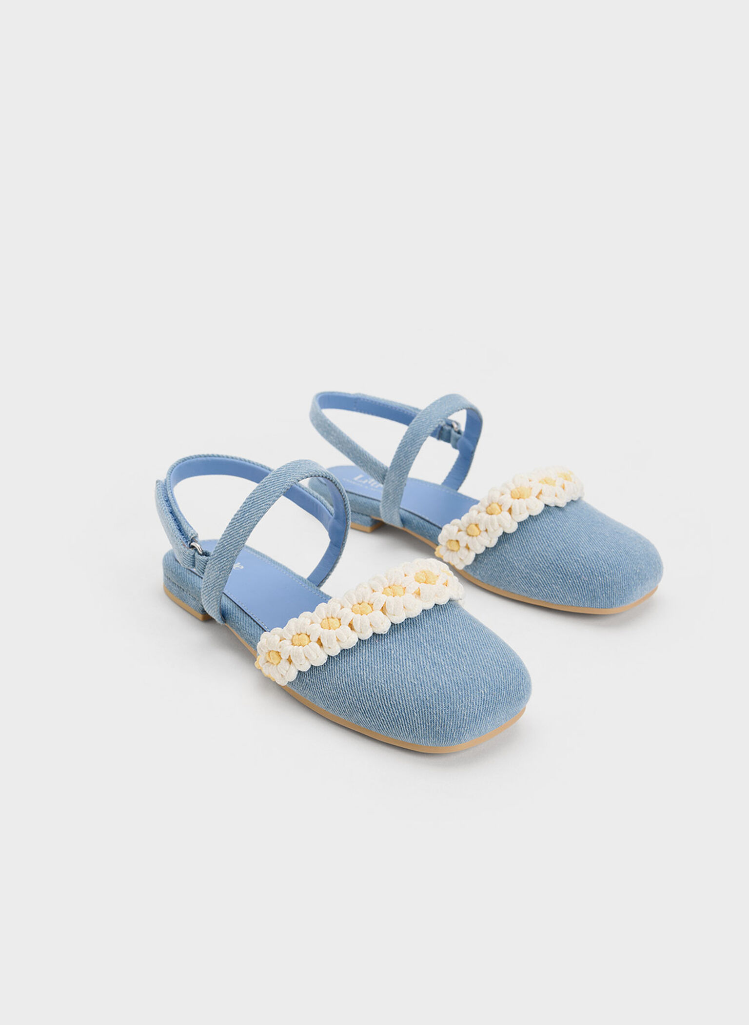 Girls' Floral Crochet Denim Slingback Flats, Light Blue, hi-res