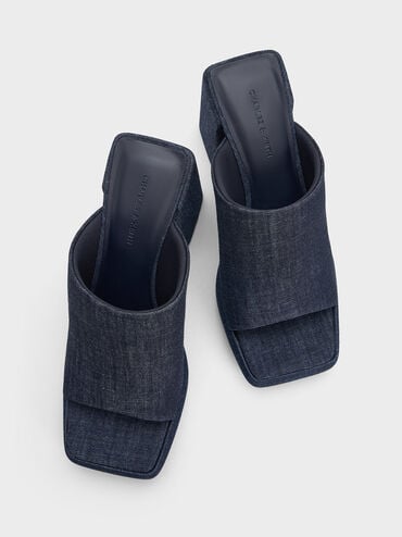 Lucile Denim Block-Heel Platform Mules, Dark Blue, hi-res