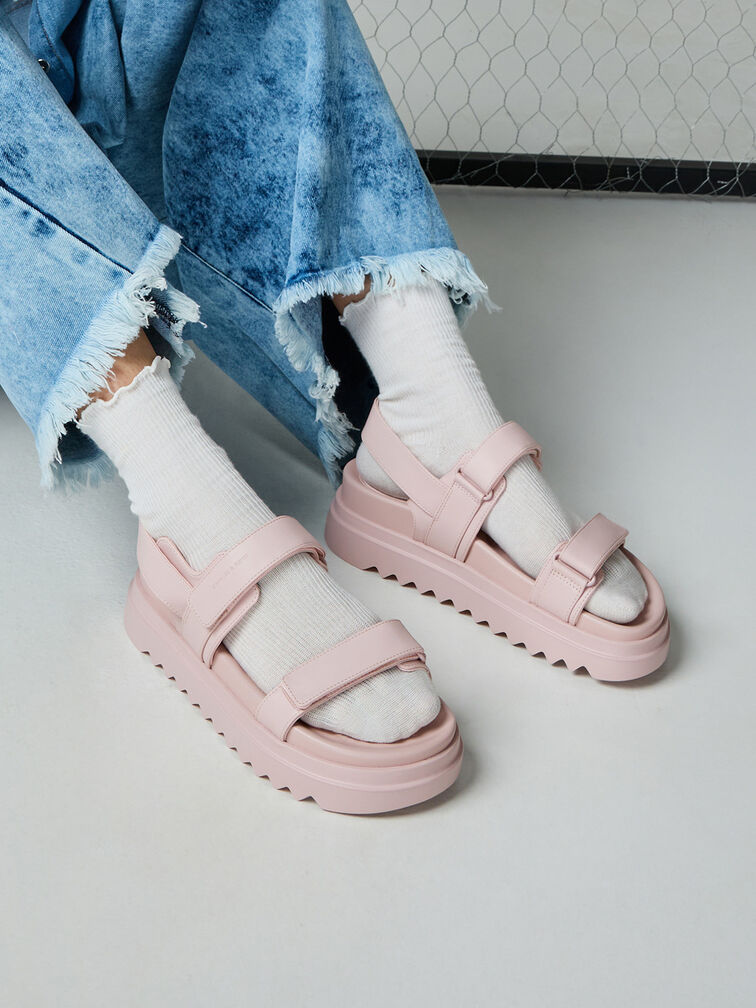 Double-Strap Ridged-Sole Flatform Sandals, Light Pink, hi-res