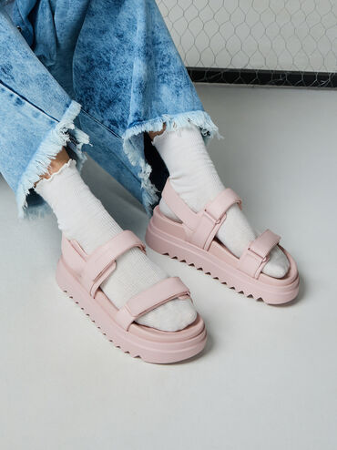 Double-Strap Ridged-Sole Flatform Sandals, Light Pink, hi-res