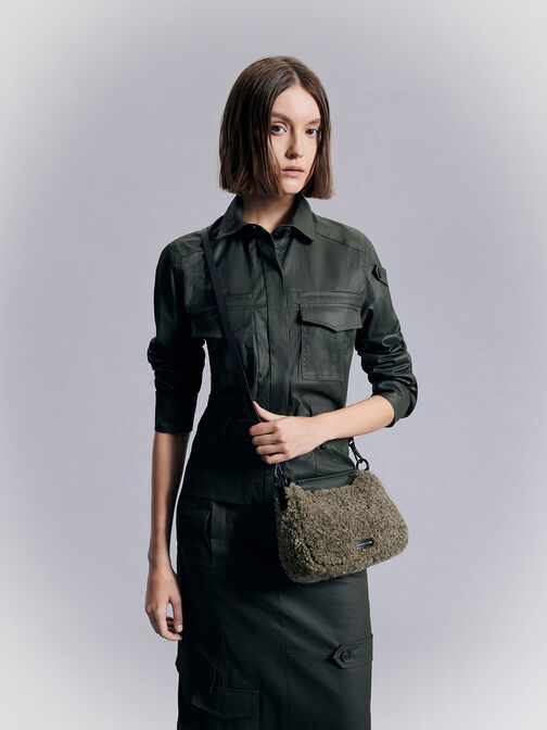 Philomena Furry Chain-Strap Crossbody Bag, Khaki, hi-res