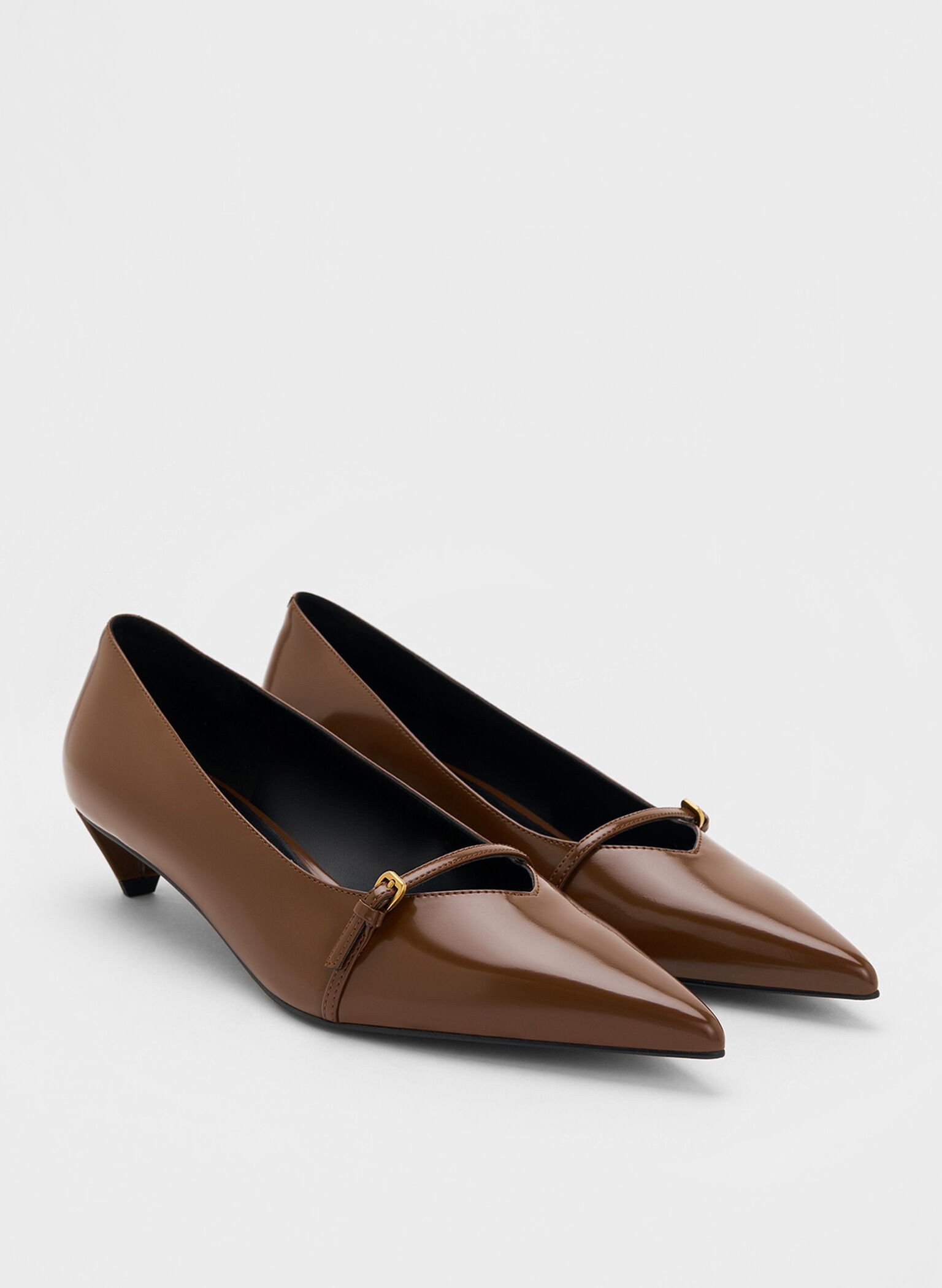 Buckled Pointed-Toe Kitten-Heel Pumps, Brown, hi-res