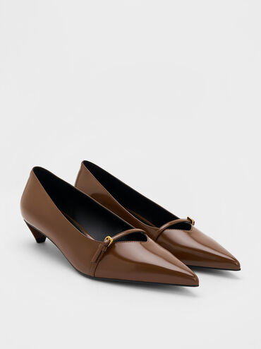 Buckled Pointed-Toe Kitten-Heel Pumps, Brown, hi-res