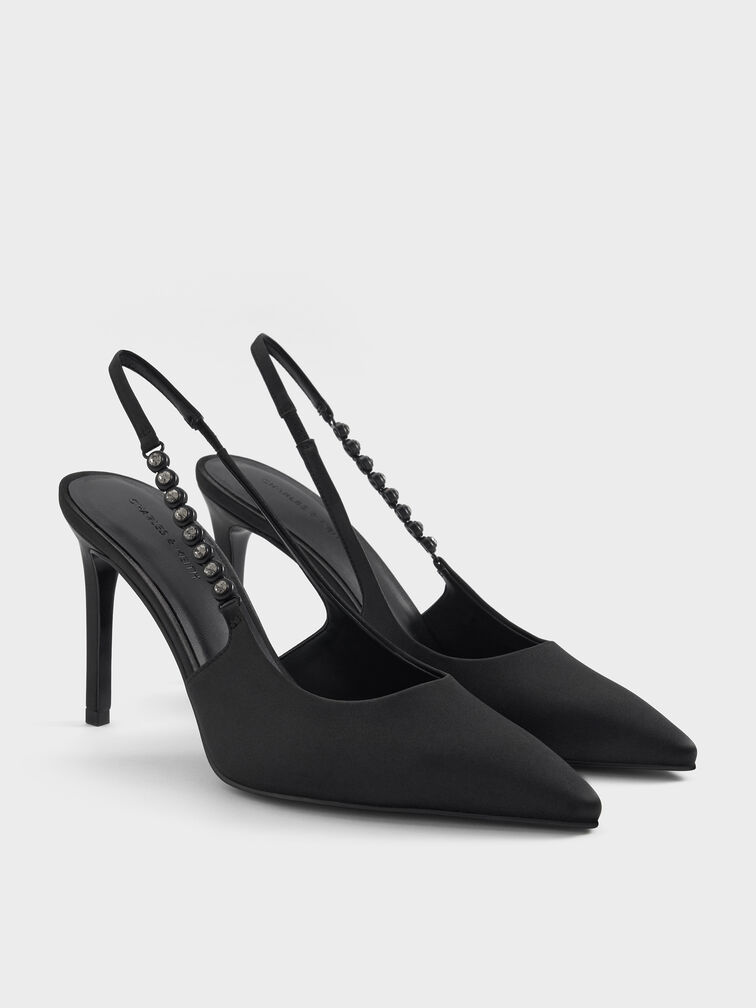 Flores Recycled Polyester Gem-Strap Slingback Pumps, Black, hi-res