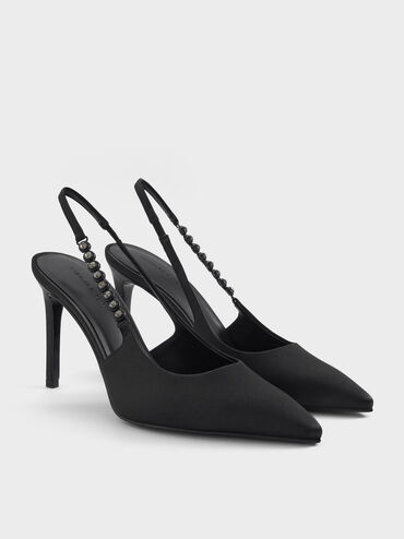 Flores Recycled Polyester Gem-Strap Slingback Pumps, Black, hi-res