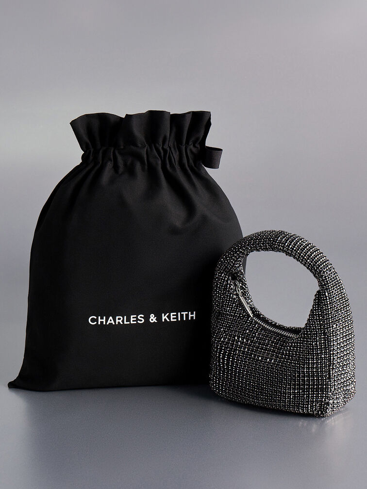 Crystal-Embellished Hobo Bag, Noir, hi-res