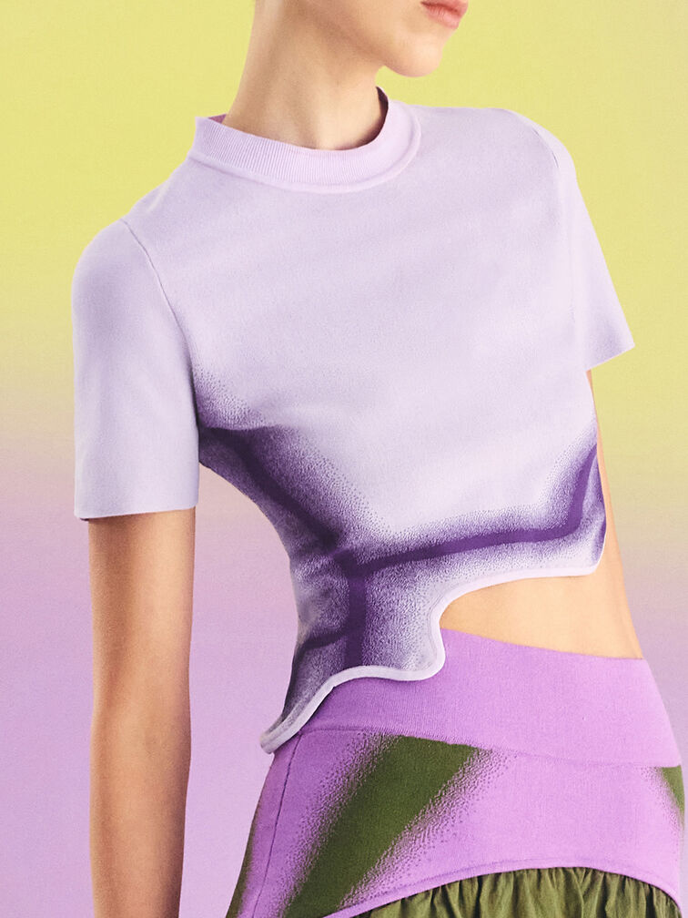 Recycled Polyester Knitted Gradient Wave-Hem Crop Top, Lilac, hi-res