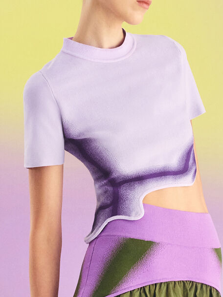 Recycled Polyester Knitted Gradient Wave-Hem Crop Top, Lilac, hi-res