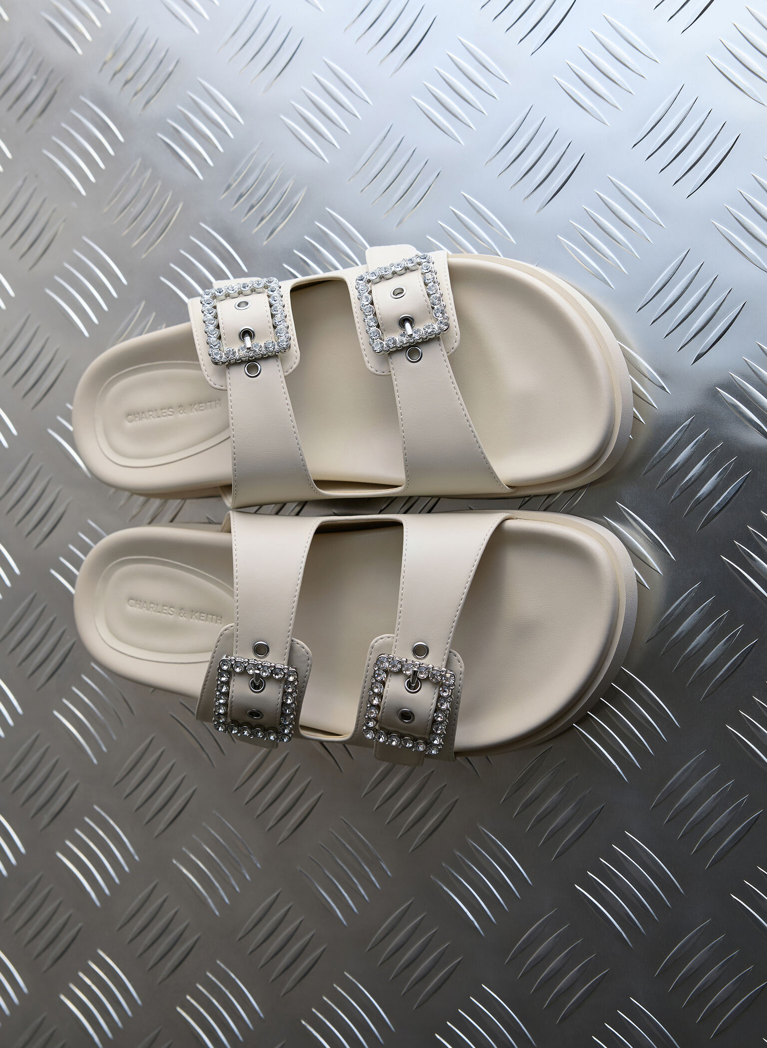Gem-Buckle Double-Strap Sandals, Chalk, hi-res