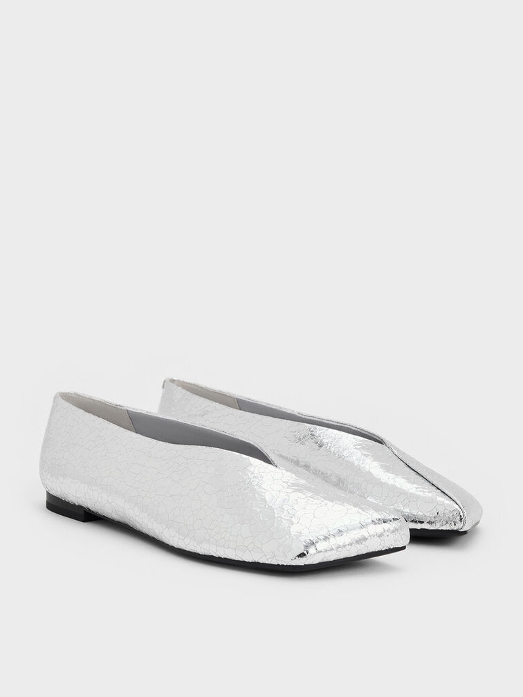 Metallic Crinkle-Effect Asymmetrical Square-Toe Ballet Flats, Silver, hi-res