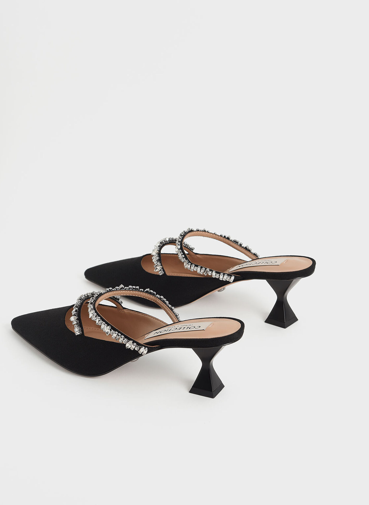 Canvas Double Gem Strap Mules, Black, hi-res