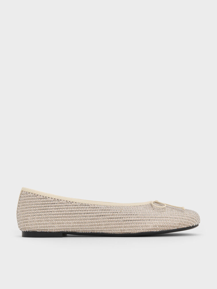 Satin Crystal-Embellished Bow Ballet Flats, Gold, hi-res