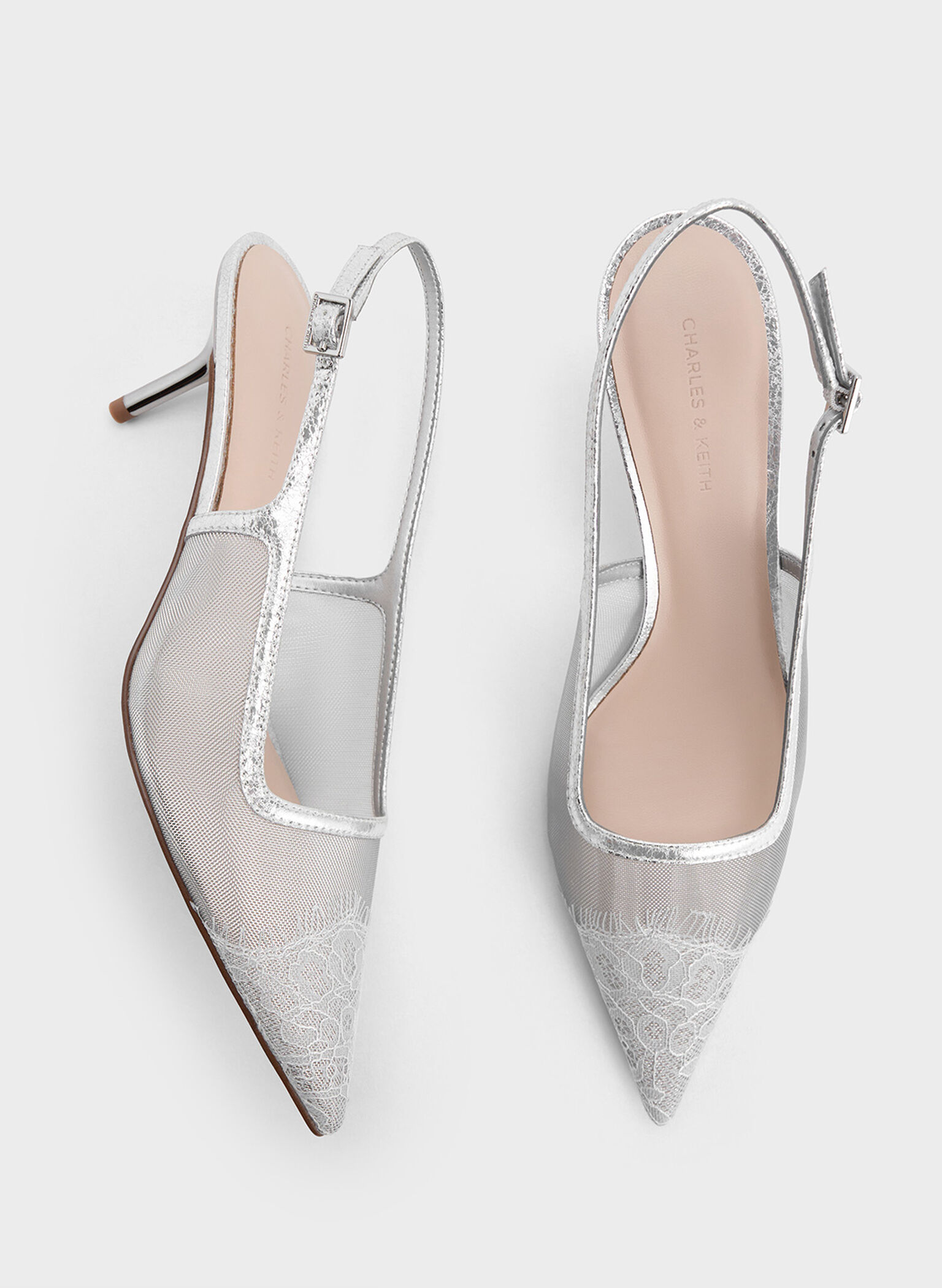 Mesh & Lace Pointed-Toe Slingback Pumps, Silver, hi-res
