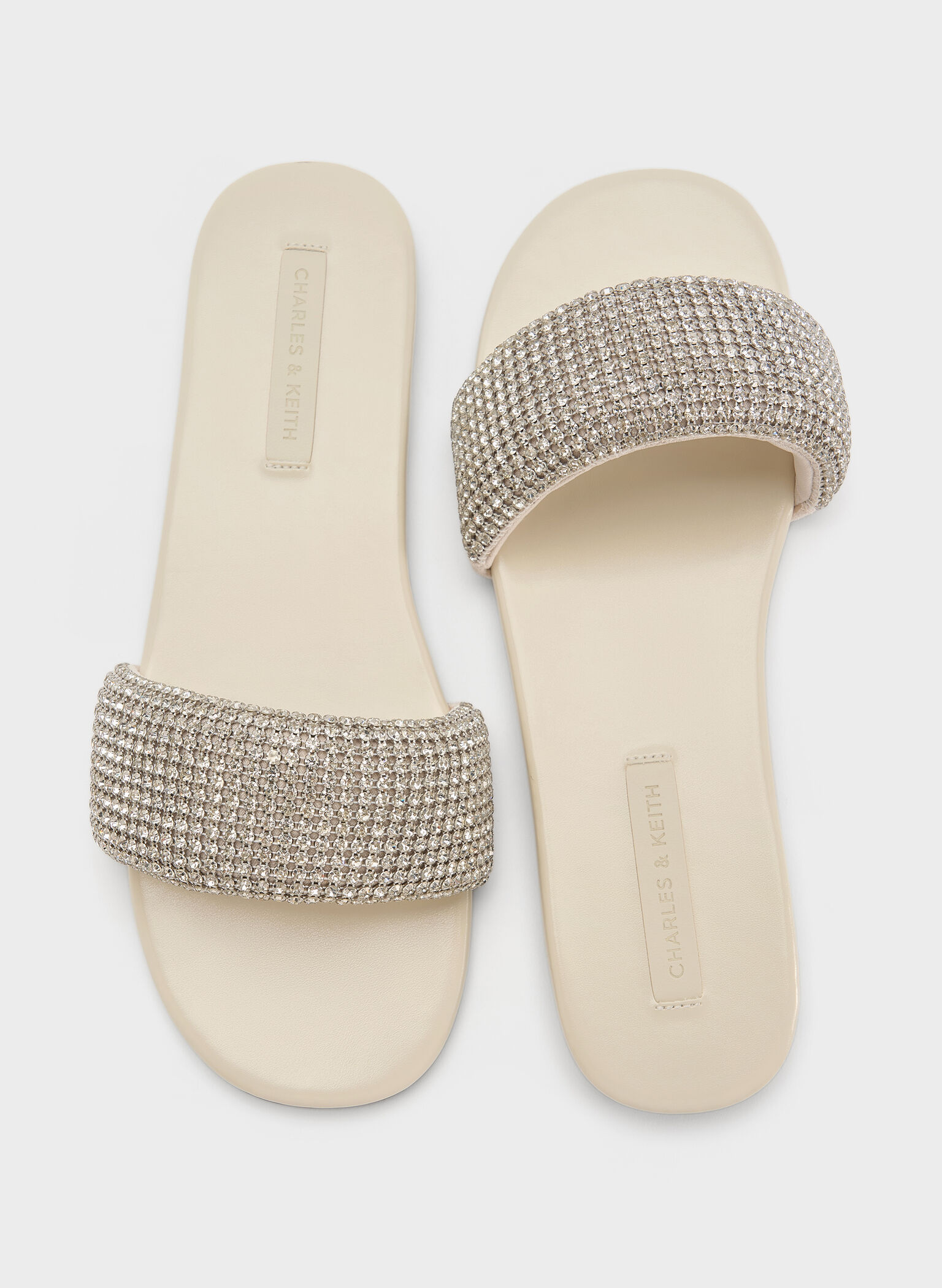 Faux Suede Crystal-Embellished Slide Sandals, Chalk, hi-res