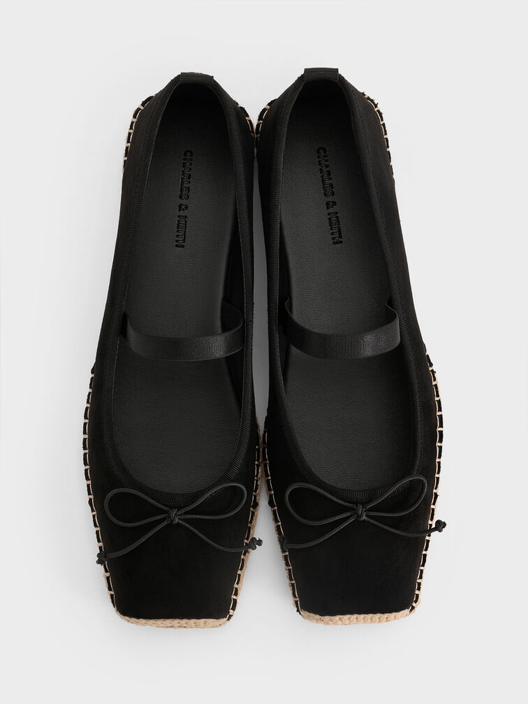 Faux Suede Bow Tie-Around Espadrille Ballet Flats, Black Textured, hi-res