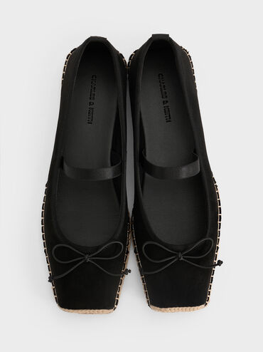 Faux Suede Bow Tie-Around Espadrille Ballet Flats, Black Textured, hi-res