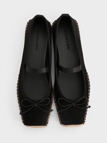 Faux Suede Bow Tie-Around Espadrille Ballet Flats, Black Textured, hi-res