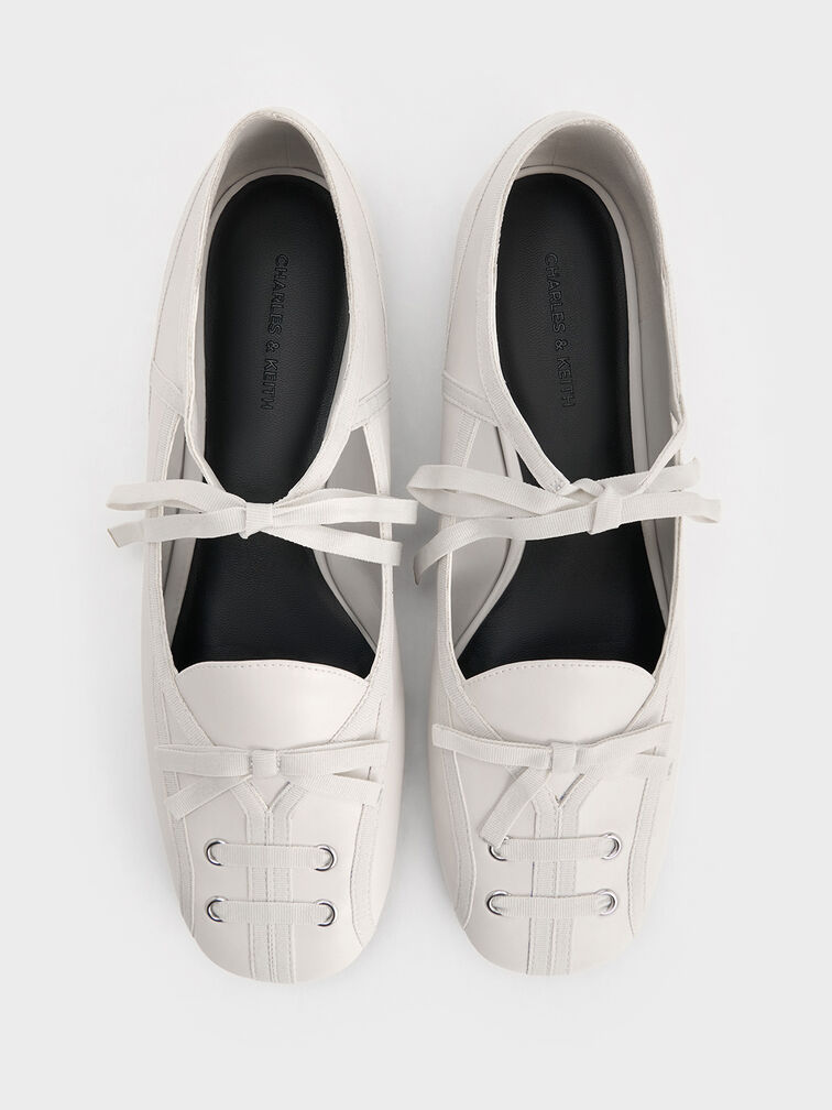 Lace-Up Bow Ballet Flats, White, hi-res