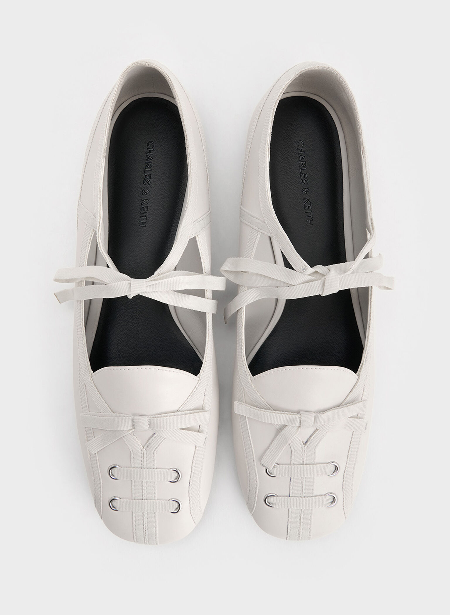 Lace-Up Bow Ballet Flats, White, hi-res