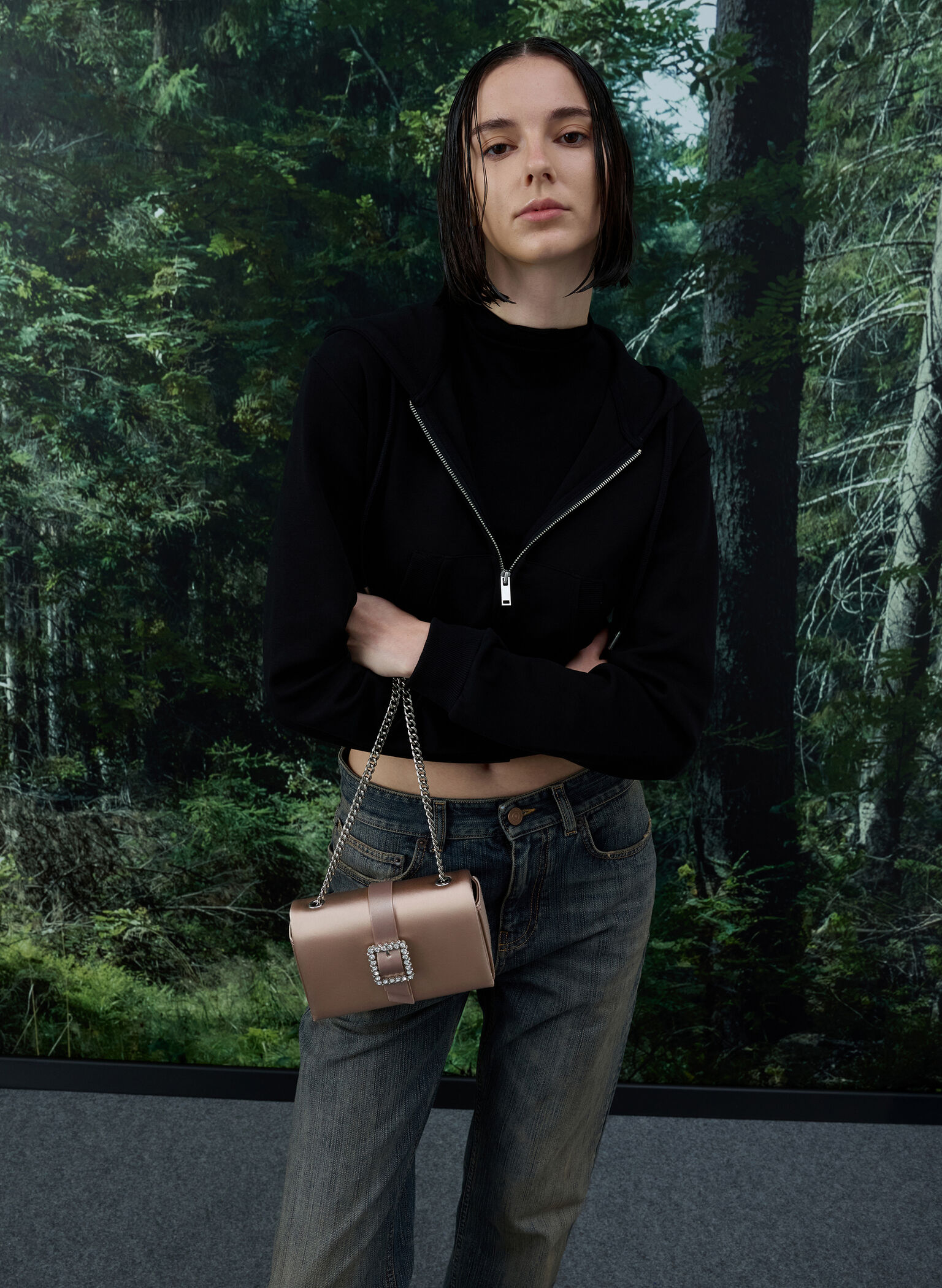 Satin Crystal-Buckle Belted Chain-Handle Bag, Sunset Nude, hi-res