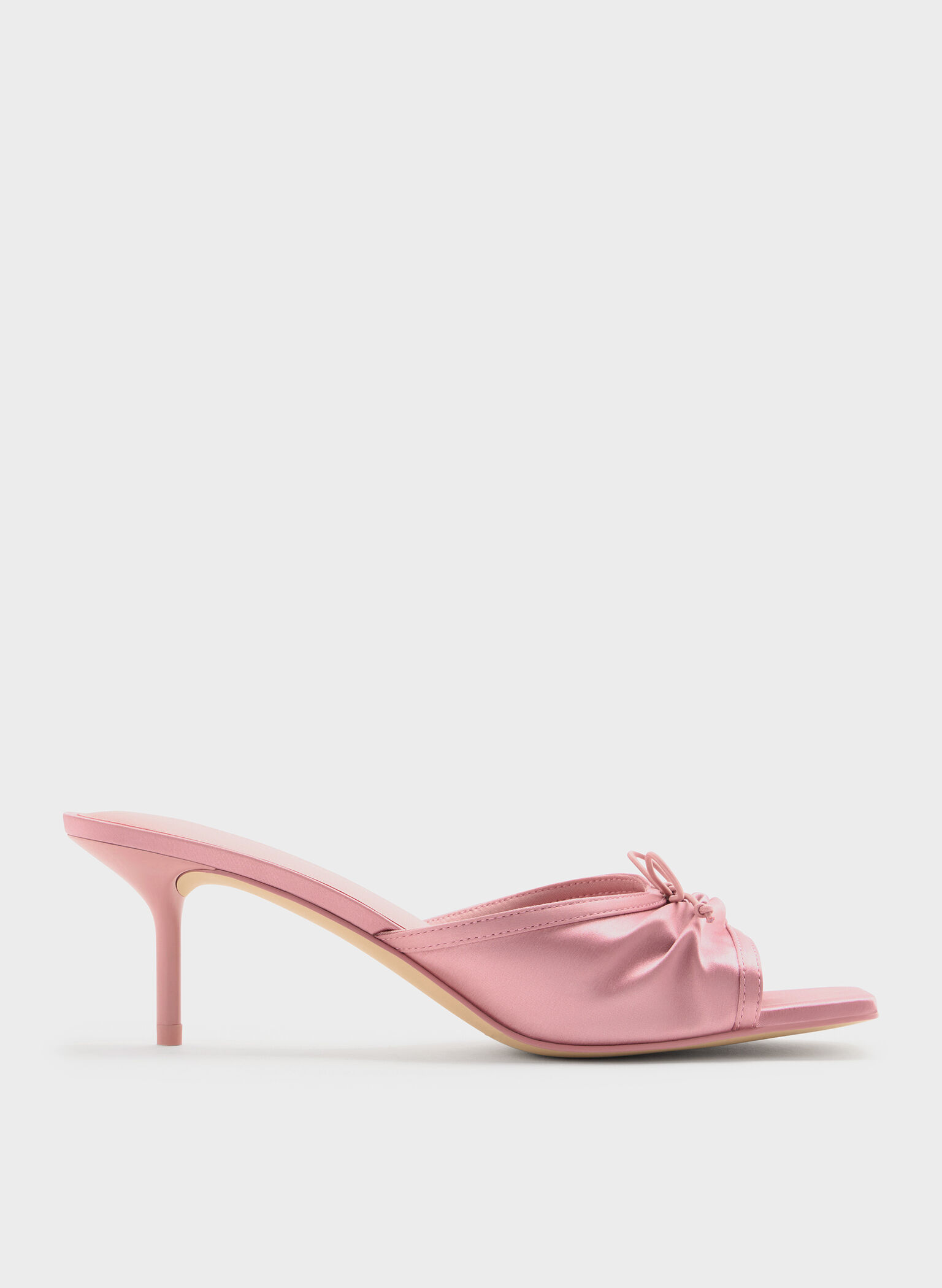 Satin Ruched Bow Heeled Mules, Pink, hi-res