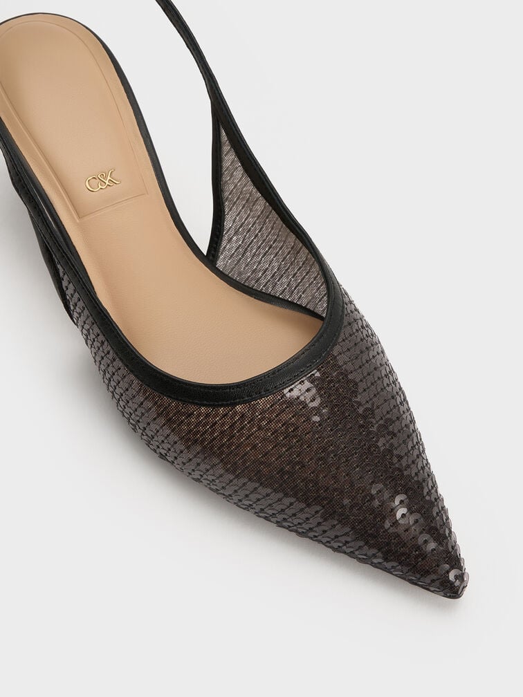 Sequin Mesh & Leather Slingback Kitten Heels, Black Textured, hi-res