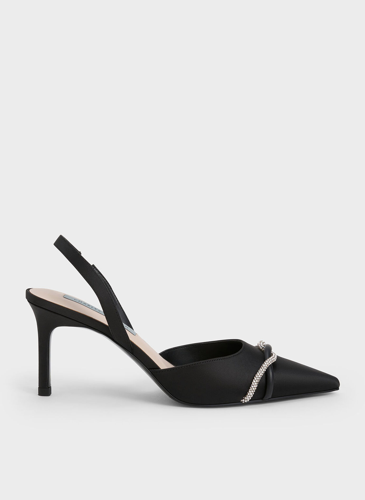 Twist Detail Satin Slingback Pumps, Black, hi-res