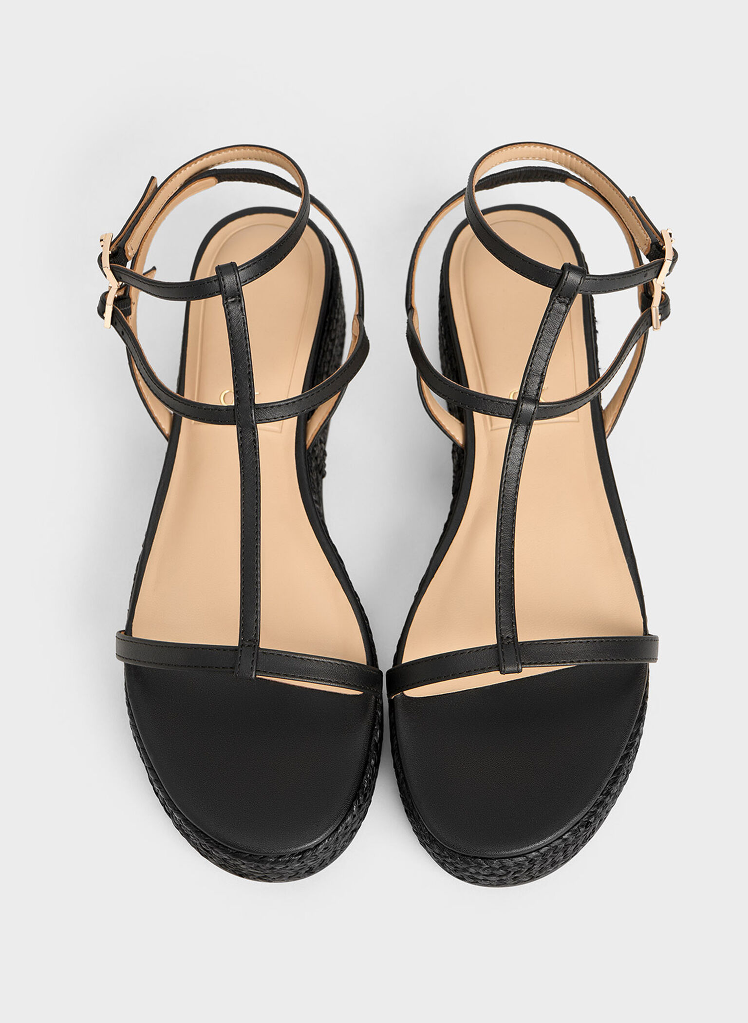 Leather T-Bar Espadrille Sandals, Black, hi-res