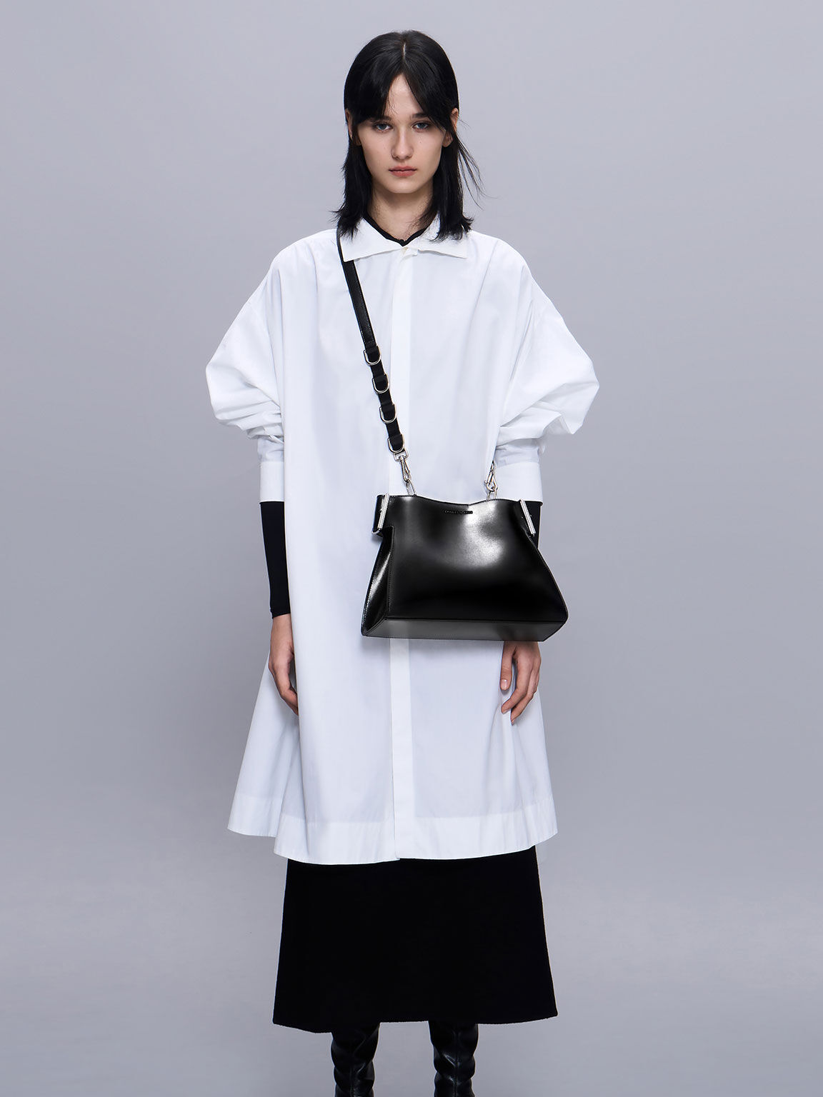 Noir Lexie Side Buckle Trapeze Shoulder Bag CHARLES KEITH UK