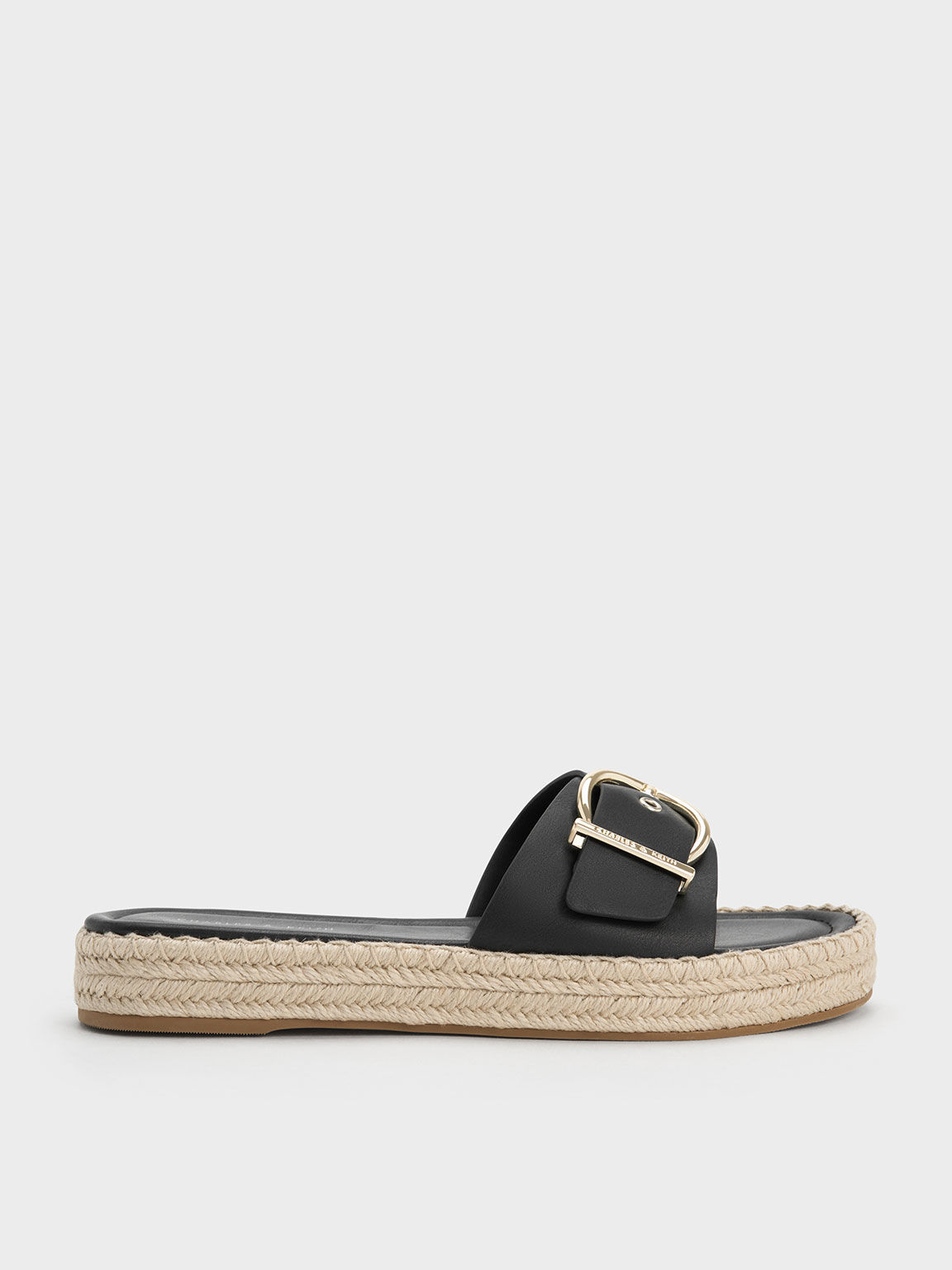 Black Buckled Espadrille Flat Sandals CHARLES KEITH UK