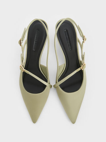 Recycled Polyester Buckled Sculptural-Heel Slingback Pumps, Green, hi-res