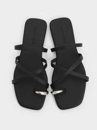 Metallic-Accent Strappy Toe-Ring Sandals, Black, hi-res