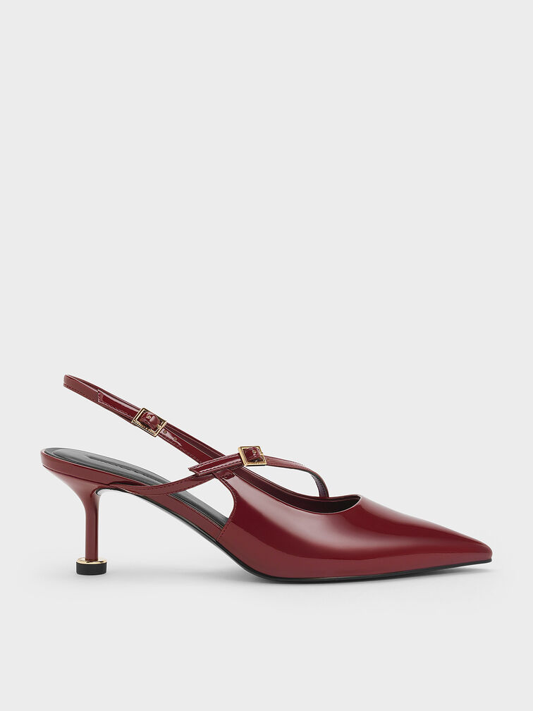Patent Buckled Sculptural-Heel Slingback Pumps, Red, hi-res