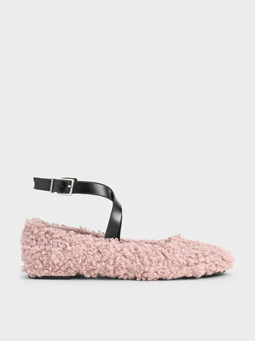 Margot Furry Crossover-Strap Ballet Flats, Pink, hi-res