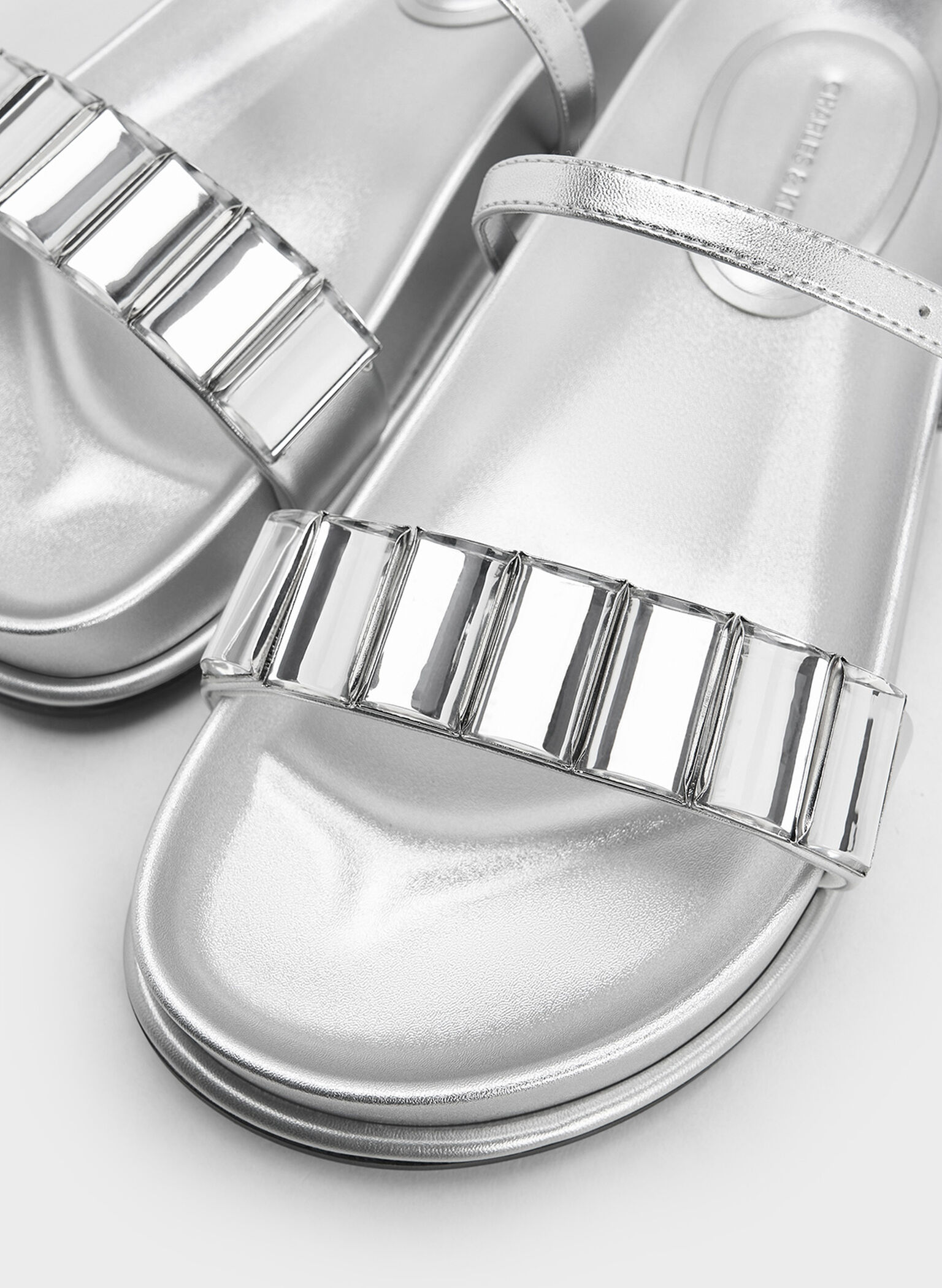 Metallic Crystal-Embellished Double-Strap Sandals, Silver, hi-res