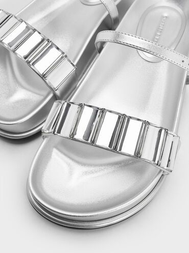 Metallic Crystal-Embellished Double-Strap Sandals, Silver, hi-res