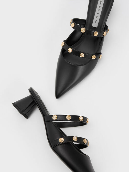 Studded Trapeze Heel Mules, Black, hi-res
