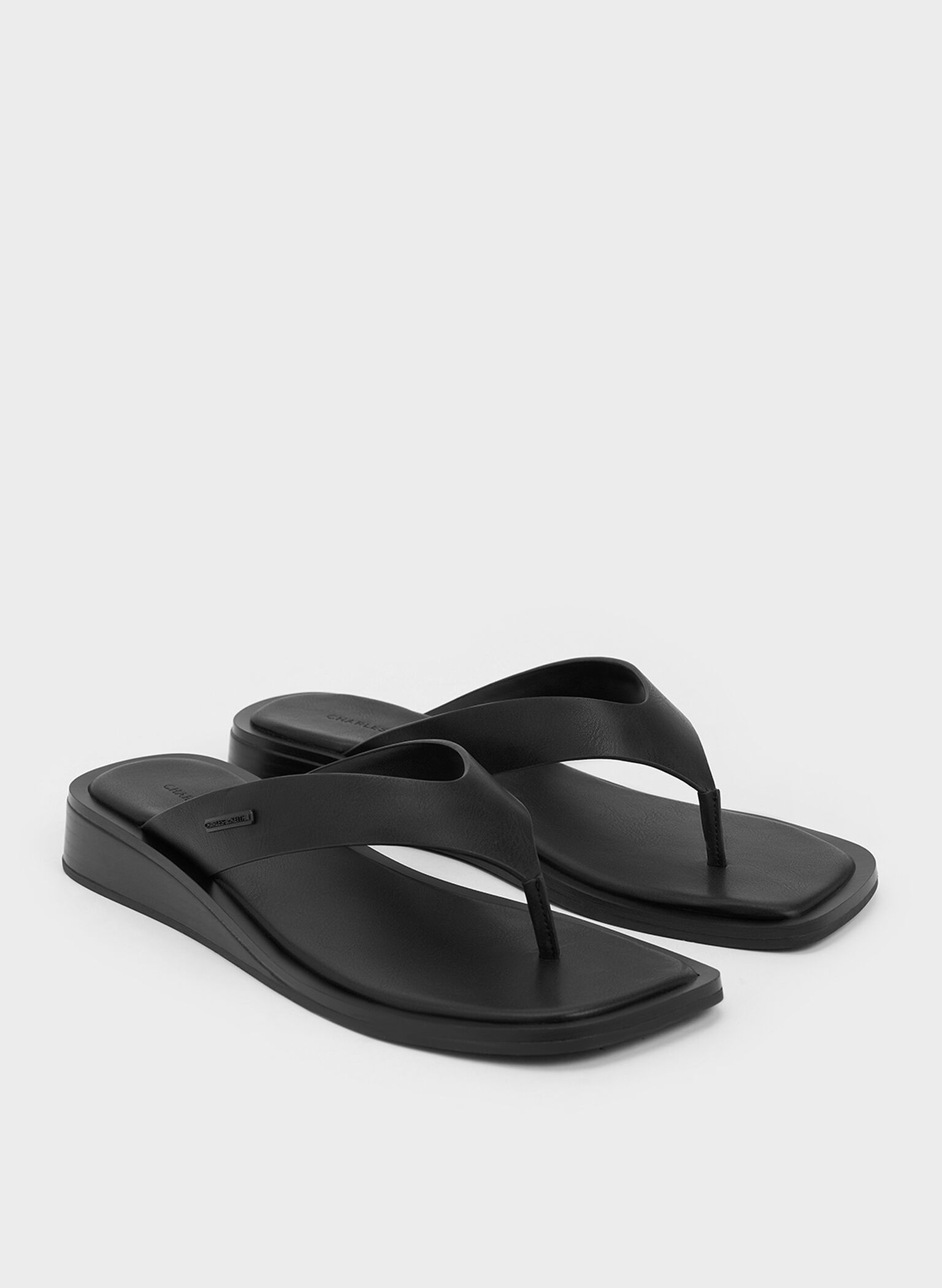 V-Strap Wedge Thong Sandals, Black, hi-res