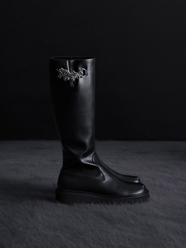 Imogen Rose-Motif Chunky Knee-High Boots, Black, hi-res