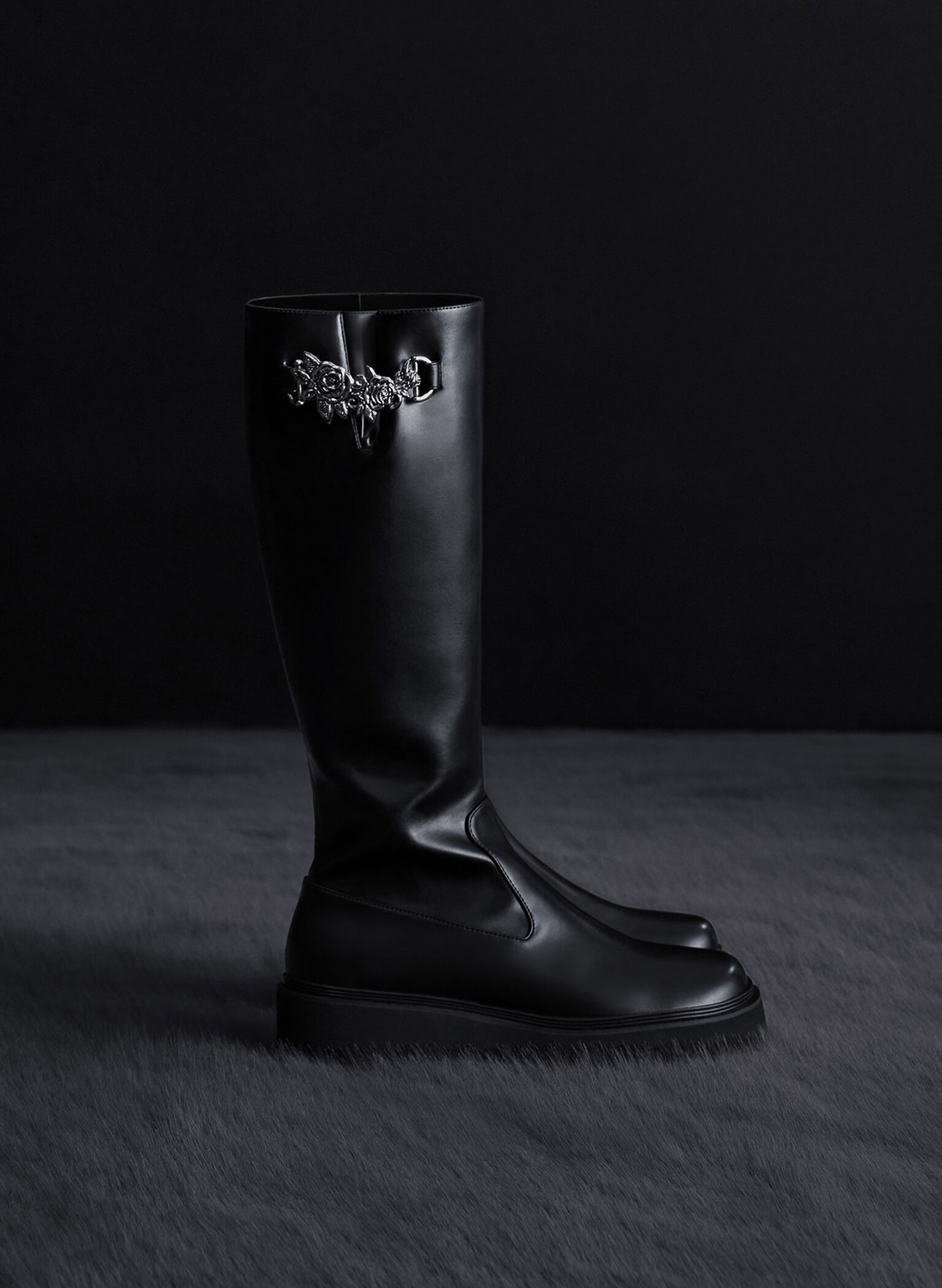 Imogen Rose-Motif Chunky Knee-High Boots, Black, hi-res