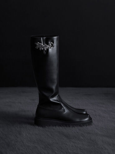 Imogen Rose-Motif Chunky Knee-High Boots, Black, hi-res
